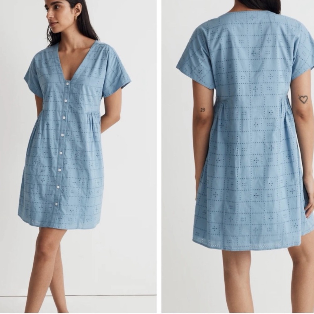 Madewell women’s mini dress button front pockets size large eyelet loose summer
